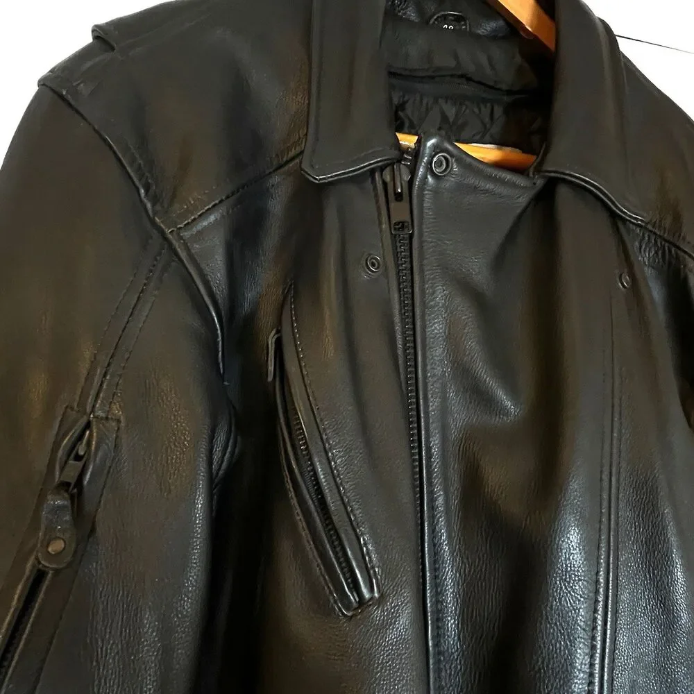 UNIK Premium Mens Heavy Black Leather Motorcycle Jacket Size 48‎ Cross Zip Liner